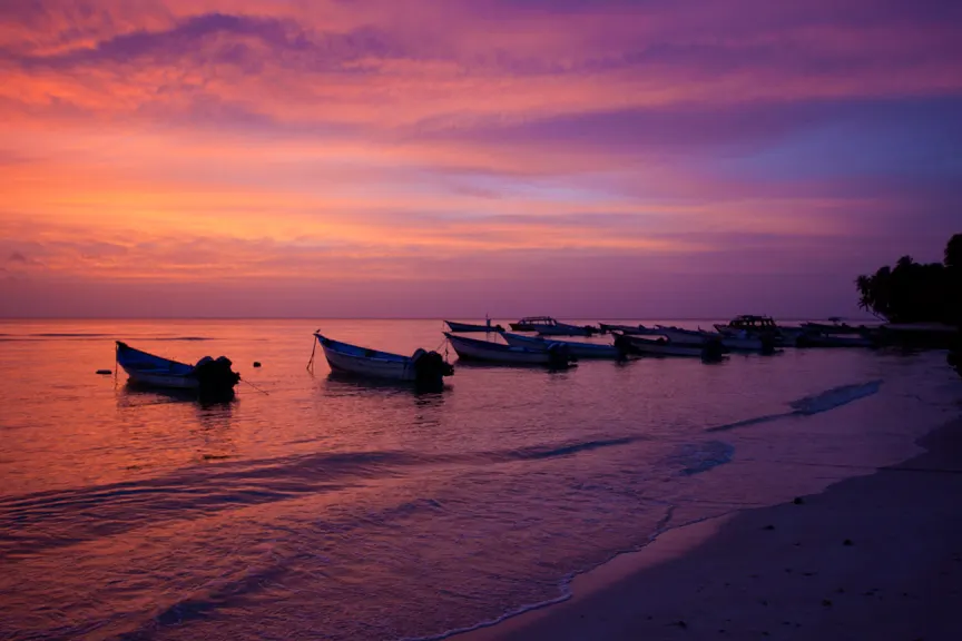 Fishing boats silhouetted at sunset